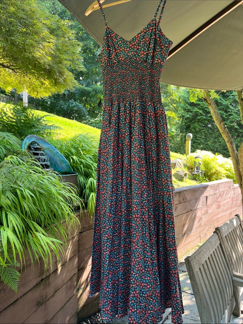 Elie Tahari Brown Maxi Dress with Red & Blue Floral Print lined Smocking bodice
